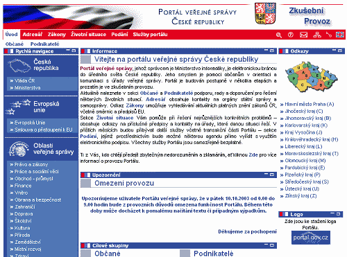 Úvodní stránka www.portla.gov.cz z 9. října 2003