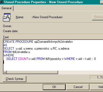 Vytvorenie uloženej procedúry pomocou MS SQL Enterprise Managera - krok 2