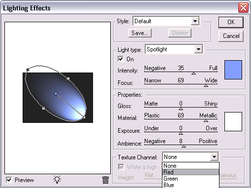 Dialog s nastavením filtru Lighting Effects