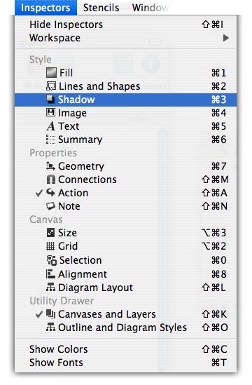 OmniGraffle - aktivace formátovacích paletek