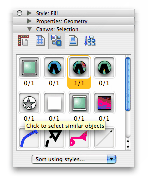 OmniGraffle - paletka nástroje pro výběr podobných objektů
