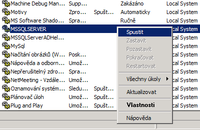 MS SQL Server - spouštění přes panel Služby