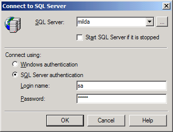 MS SQL Server - dialog přihlášení k serveru