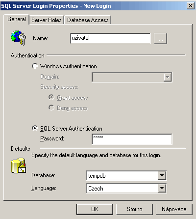 MS SQL Server - uživatelé a práva - dialog New Login
