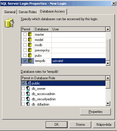 MS SQL Server - uživatelé a práva - dialog New Login