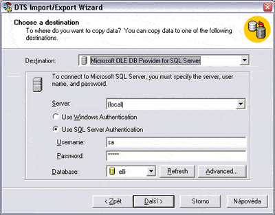 MS SQL Server - import a export dat - Nastavení cíle dat