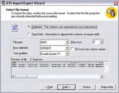 MS SQL Server - import a export dat - Struktura dat v textovém souboru