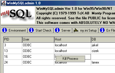WinMySQLAdmin seznam procesů
