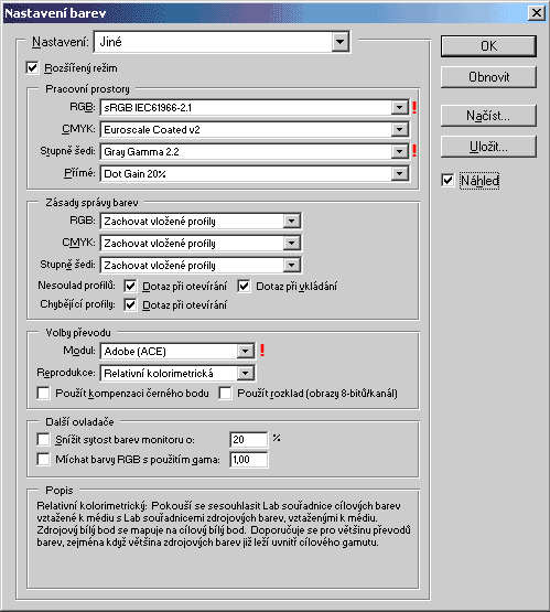 Nastavení správy barev ve Photoshopu 6
