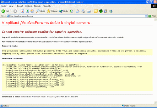 ASP.NET Forums - úvodní chybové hlášení