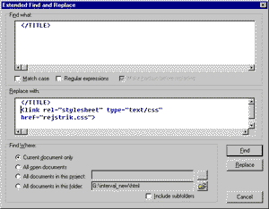 Extented find and replace v programu Homesite