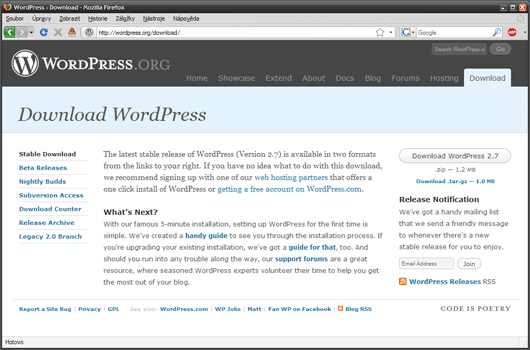 Stránka pro stažení WordPressu