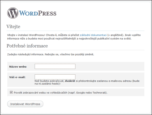 Výchozí instalační stránka WordPressu