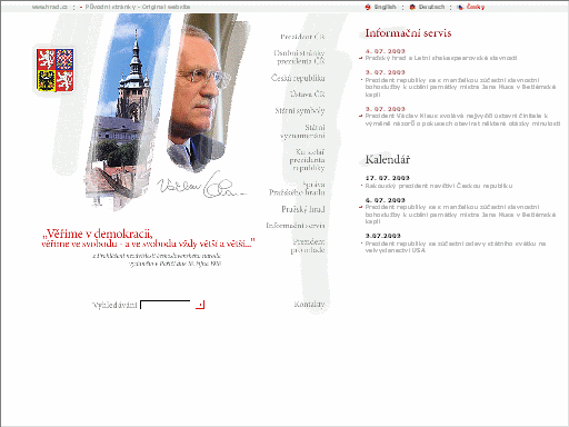 Úvodní stránka internetové prezentace Kanceláře prezidenta republiky