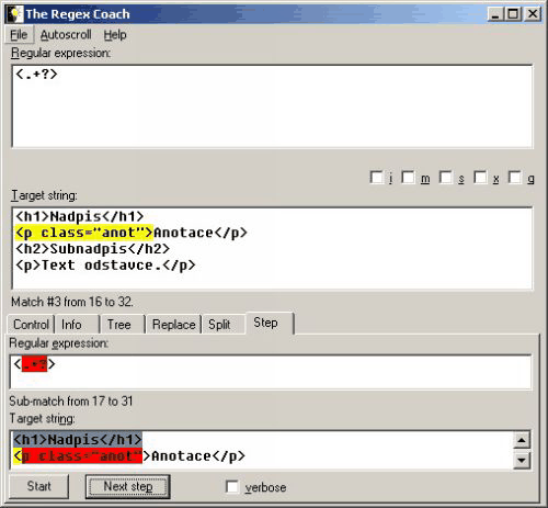 The Regex Coach - Step (příklad druhý – XHTML tagy)