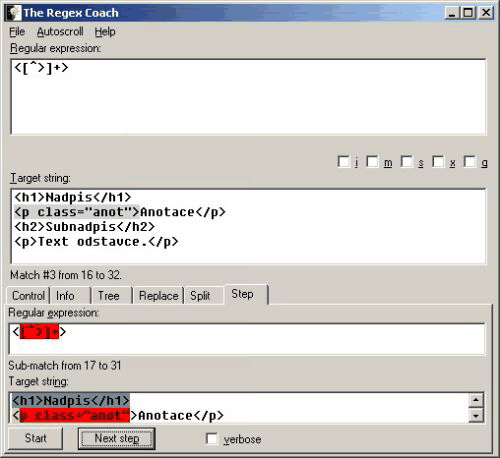 The Regex Coach - Step (příklad druhý – XHTML tagy, řešení druhé)