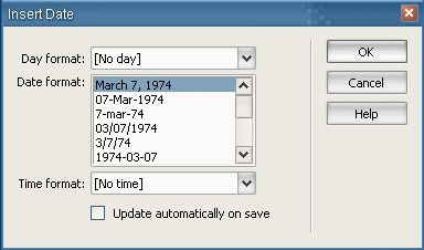 Dialogové okno pro automatické vložení data