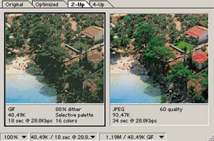 Mód 2-UP - porovnávání různých kompresí obrázku