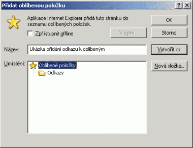 Přidání oblíbené stránky odkazem v Internet Exploreru