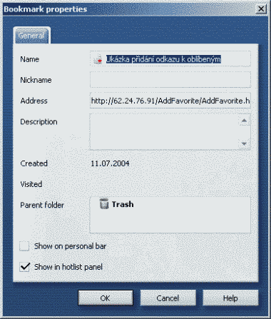Přídání stránky do hotlistu odkazem v prohlížeči Opera