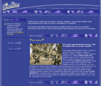 Úvodní stránka webu www.CineStar.cz z 26. dubna 2003.