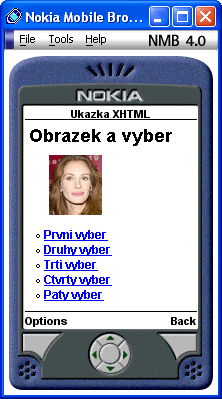 Ukázka WAP stránky browseru Nokia Mobile Browser