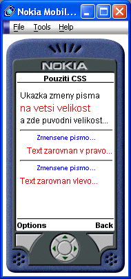 Ukázka formátování textu v emulátoru Nokia