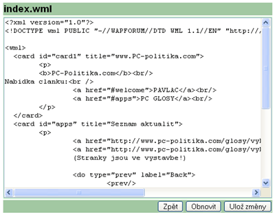 Editor pro úpravu WAP stránky