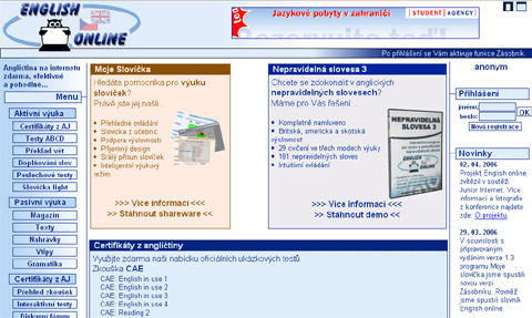 Hlavní stránka (výřez) serveru English-online.cz