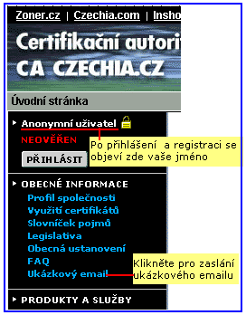 CA Czechia: Ukázka nabídky v levém sloupci hlavní www stránky.