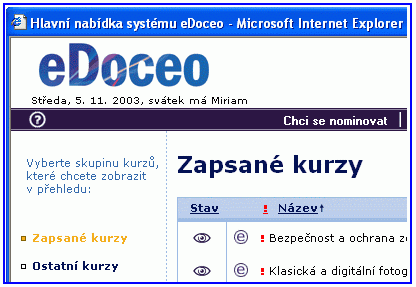 Částečný pohled na hlavní stránku www.eDoceo.cz