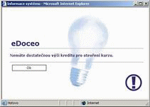 Informační okno s upozorněním, že uživatel nedosáhl potřebný počet kreditů