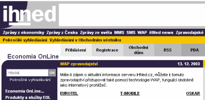 Část stránky portálu "iHned.cz" věnované WAPovým službám
