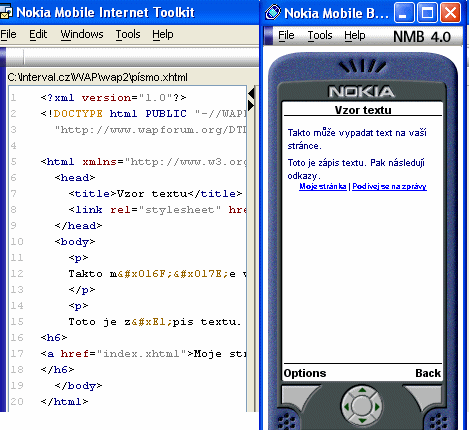 Část hlavního okna "Nokia Mobile Internet Toolkit" s emulátorem