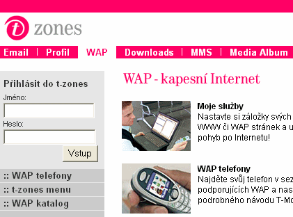 Část stránky portálu "T-Zones" s nabídkou služeb WAP