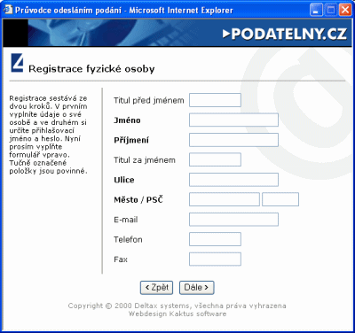 "Podatelny.cz" - registrace žadatele