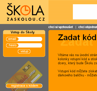 "Za školou.cz" - část stránky s registrací
