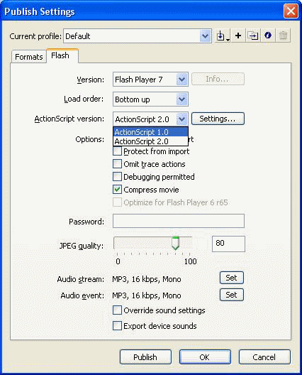 Výber z verzie ActionScriptu v Publish Settings