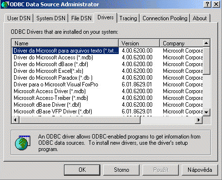 Ukázka různých ODBC ovladačů přítomných v systému