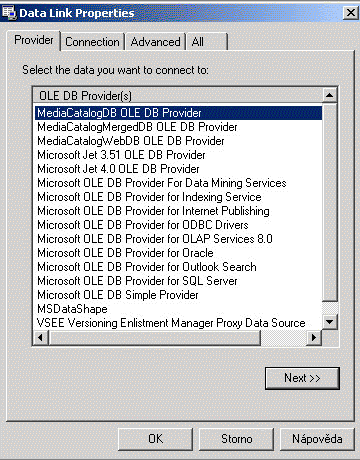 Ukázka různých OLE DB ovladačů přítomných v systému
