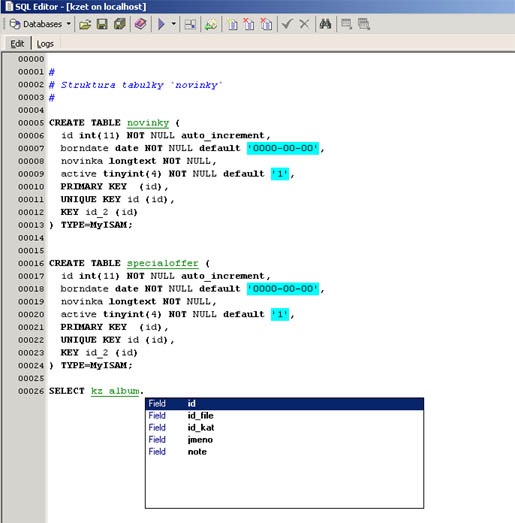 Ukázka SQL editoru včetně "inteligentních parametrů"