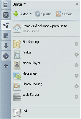 Panel Opera Unite se základními moduly