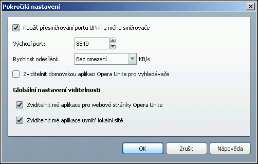 Pokročilé nastavení Opera Unite