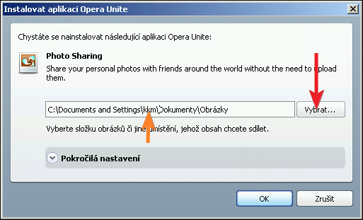 Výběr složky pro sdílené fotografie