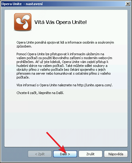 Uvítací obrazovka Opera Unite