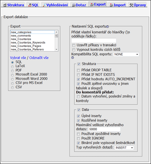 phpMyAdmin - záložka Export