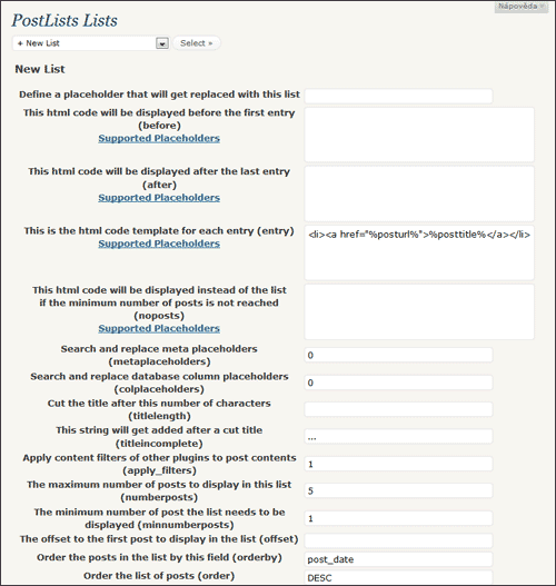 Možnosti nastavení pluginu PostLists pro zástupce
