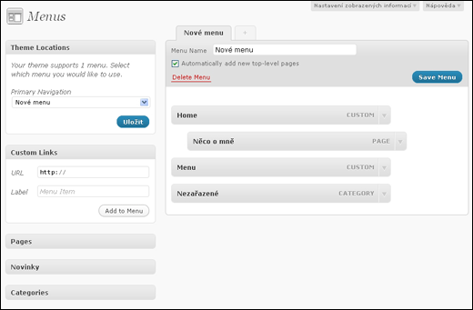 WordPress - tvorba menu