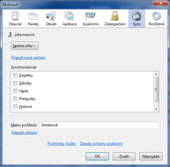 Mozilla Firefox - nastavení synchronizace