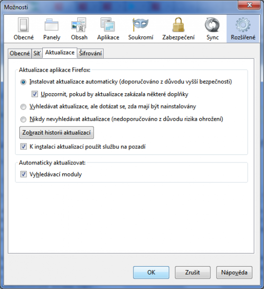 Mozilla Firefox - nastavení aktualizování